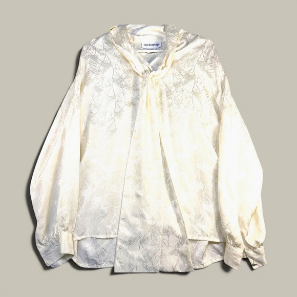 breckenridge Tops - Breckenridge Horse Print Tie Neck Blouse Womens Size 12 Ivory Satin Jacquard Equ